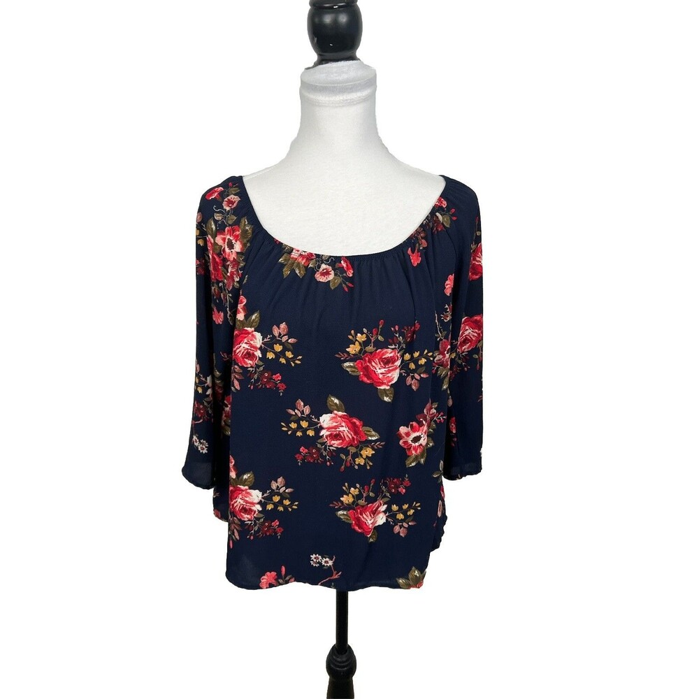 Tovia Blouse Size L Floral Blue Cap Sleeve Round Neck Elastic Flowy Boho Top